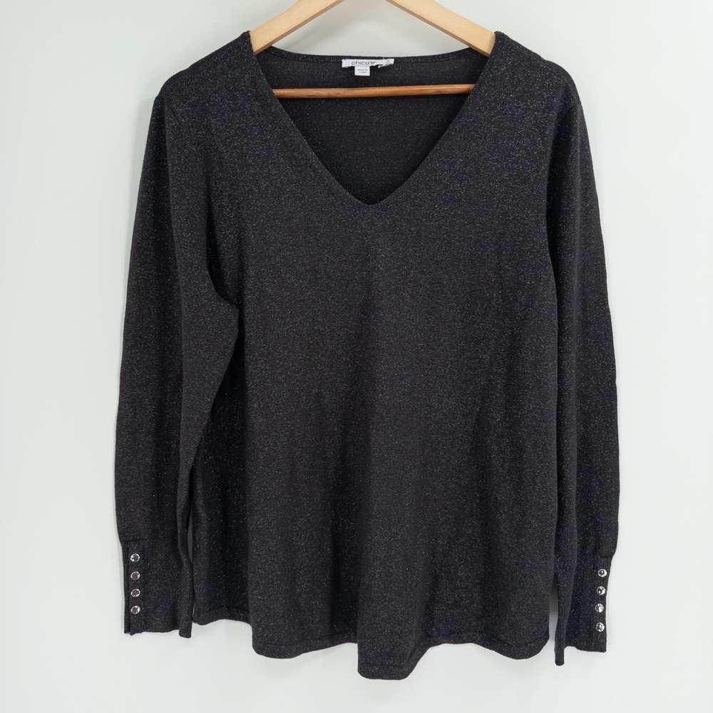 Chicos Sweater 3 Women XL Black Metallic Shimmer Modest Office Lightweight Party
